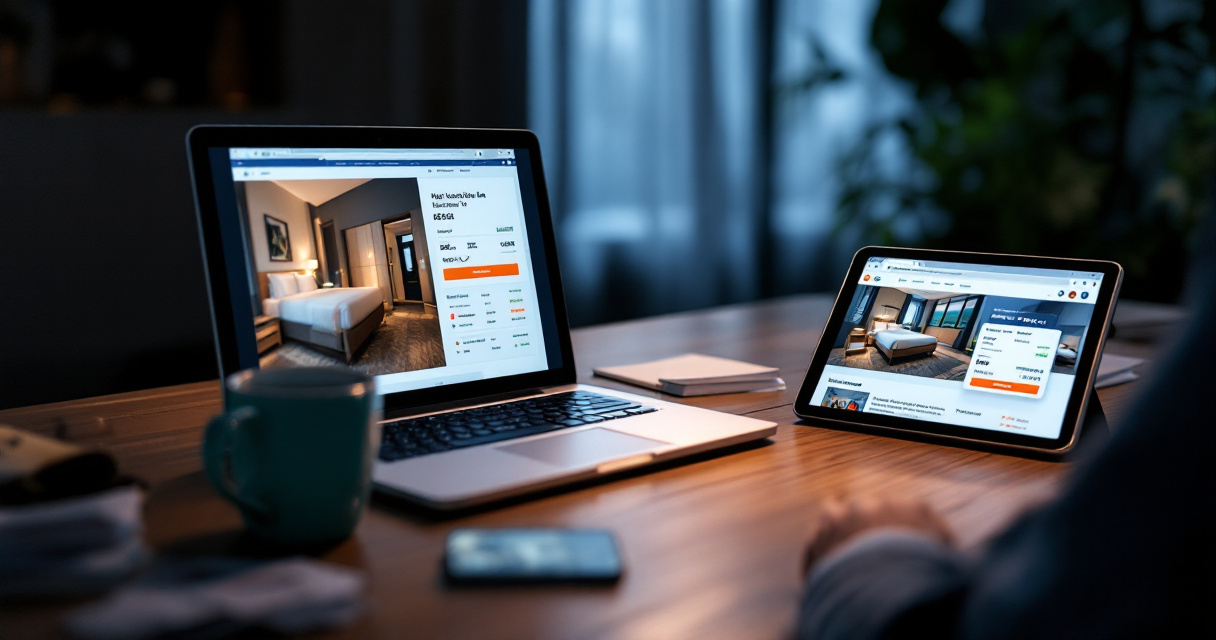 Hotel manager comparing room prices across multiple booking apps at a dimly lit desk