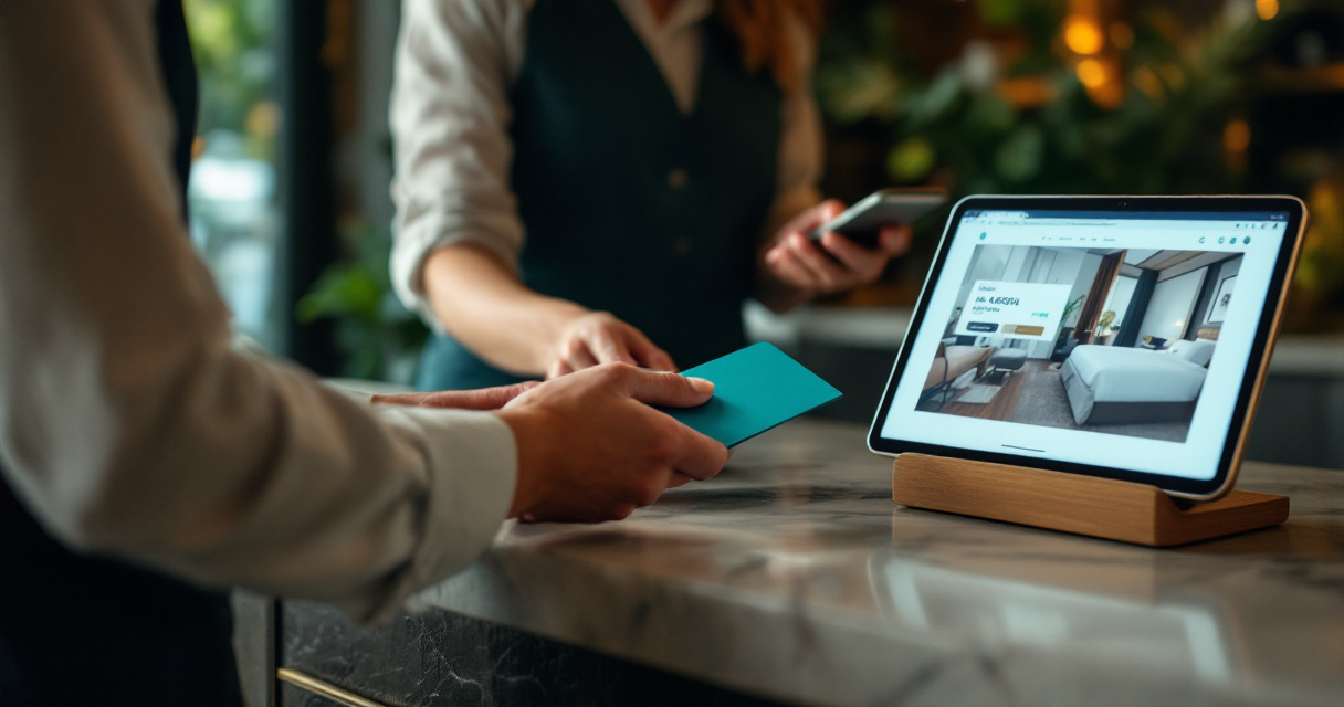Boutique hotel front desk moment highlighting direct booking experience and guest check‑in