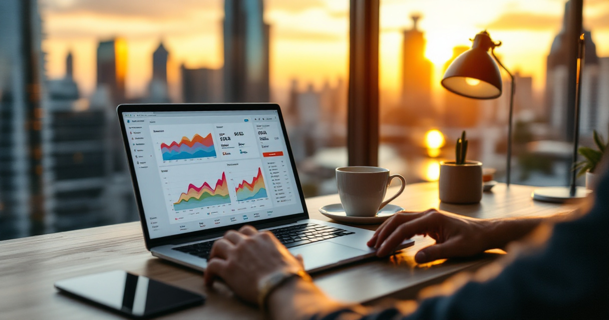 Hotel revenue manager analyzing pricing heatmap on laptop at sunlit hotel desk