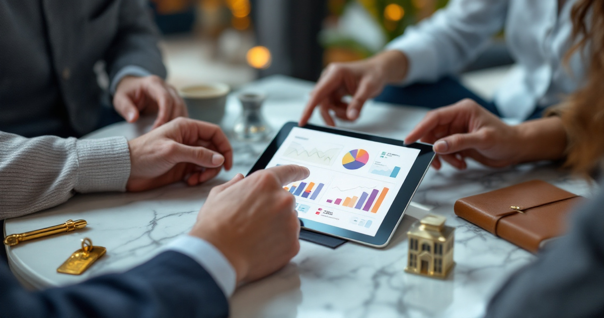 Hotel team reviewing analytics tablet and hotel model during revenue technology planning