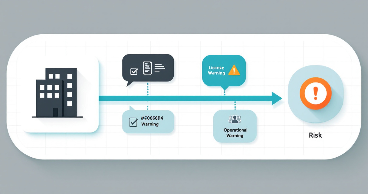 Flow-style infographic showing hotel licensing risks leading to a warning, corrective actions, compliance rebuilding, and long-term governance protection.
