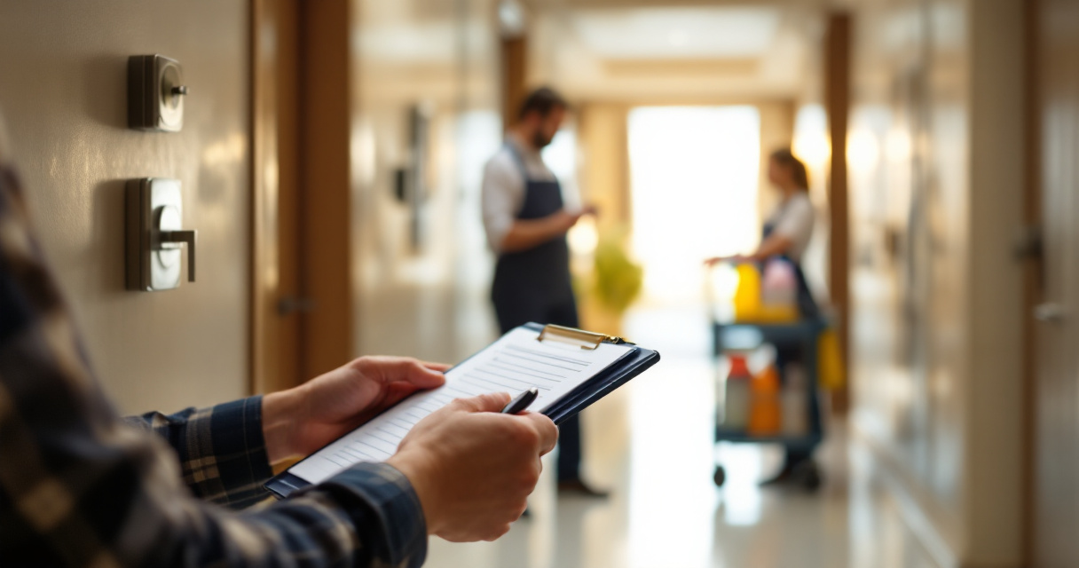 Hotel staff conducting corridor inspection and compliance checks before licensing hearing
