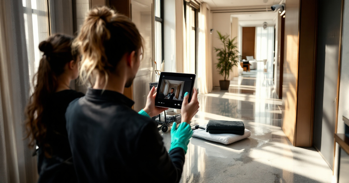 Hotel staff documenting a lobby floor leak with tablet beside housekeeping cart