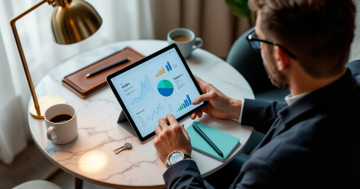 Boutique hotel manager reviewing risk management dashboard on tablet in stylish lobby