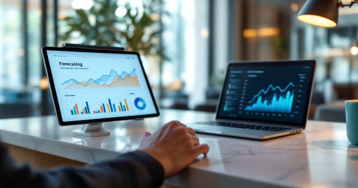 Modern hotel revenue tools analyzing booking trends and occupancy forecasts on digital dashboards