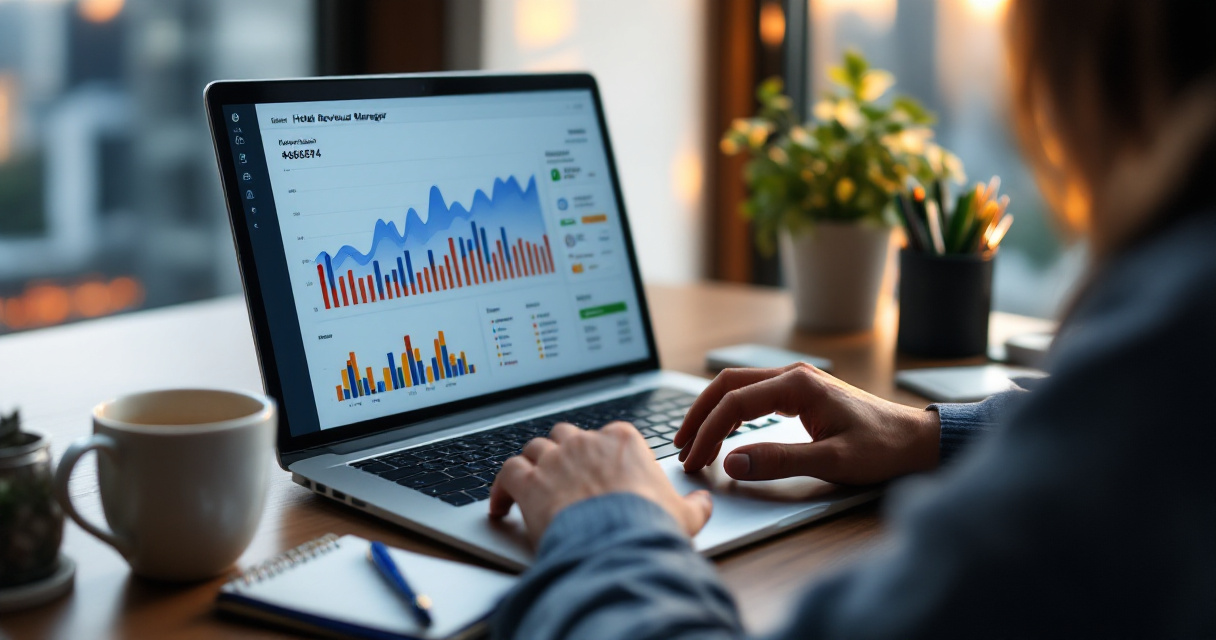 Hotel revenue manager reviewing booking pace trends on laptop with charts in hotel office