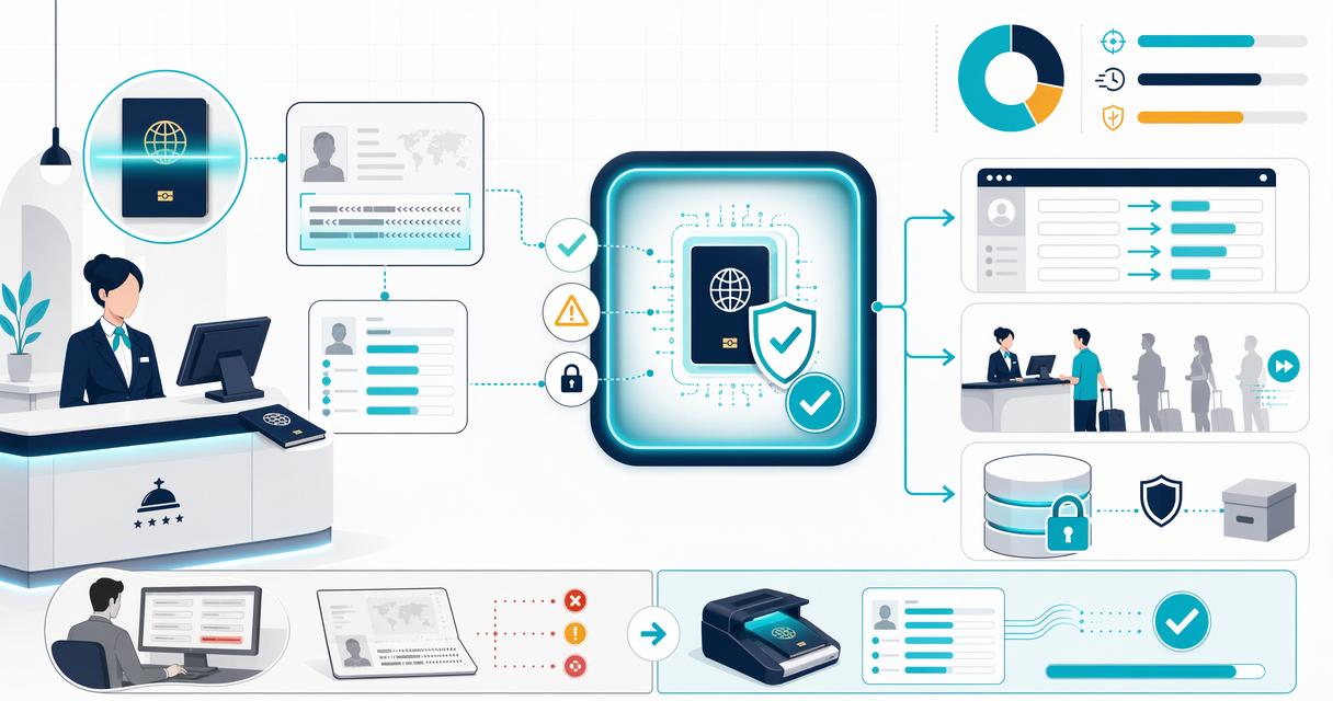 Infographic showing a hotel passport scanner workflow: scanning a passport, extracting MRZ data, validating identity, filling guest systems, flagging issues, and securing storage.