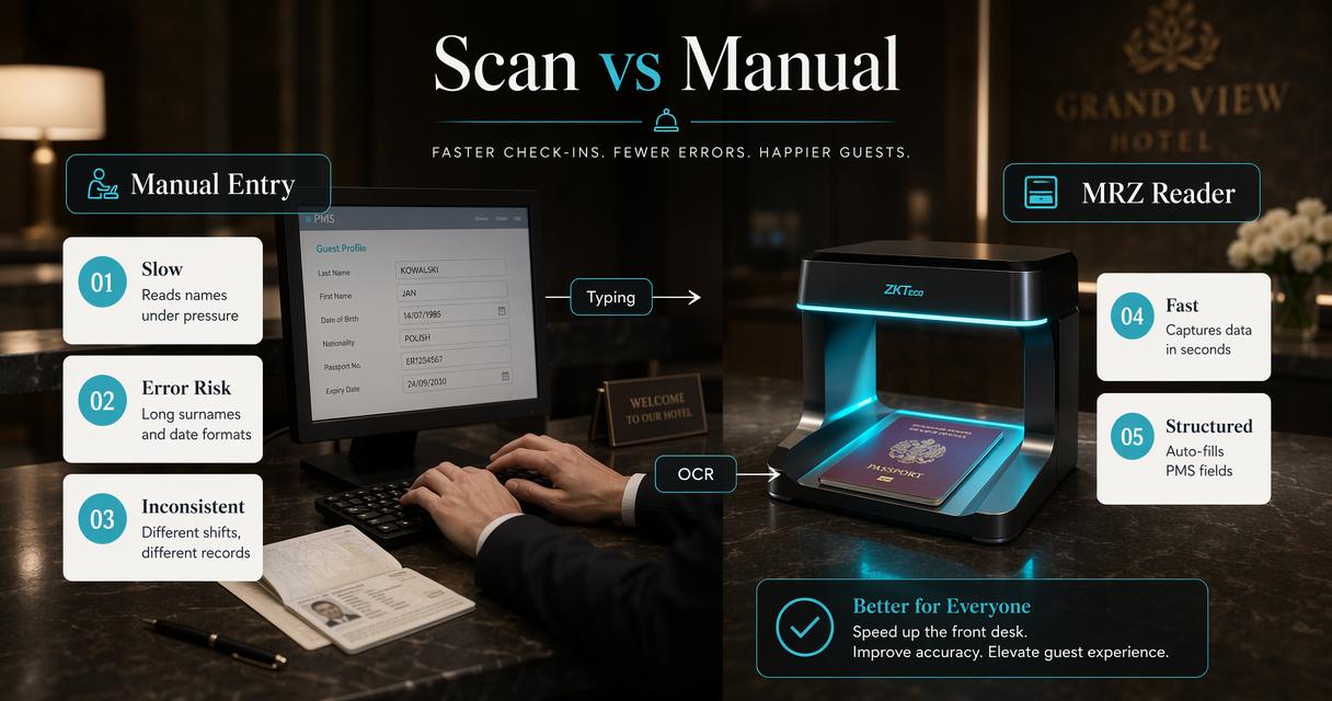 Hotel passport scanning compared with manual entry at a front desk