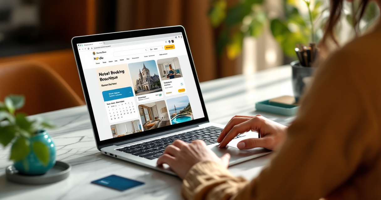 Over‑the‑shoulder view of hotel staff completing a direct booking on a laptop at reception desk