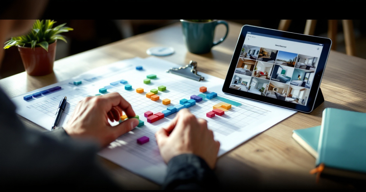 Hotel revenue manager balancing distribution channels with planning board and tablet in boutique hotel office