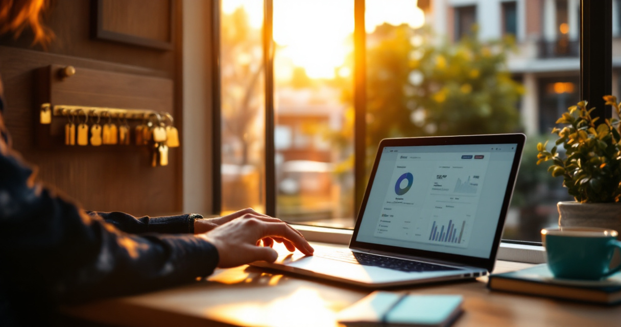 Hotel staff adjusting boutique hotel room key rack while reviewing pricing strategy at reception desk