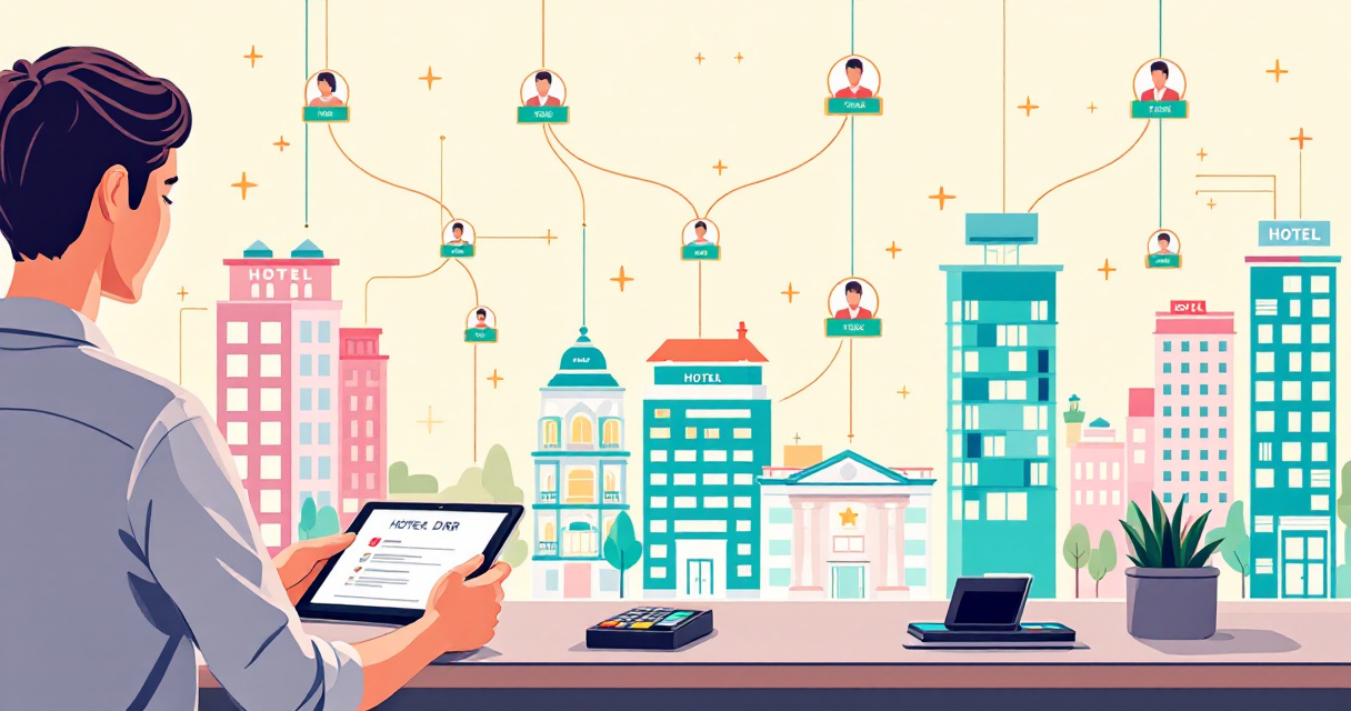 Illustration of hotel front desk system connecting multiple properties in a shared guest risk network