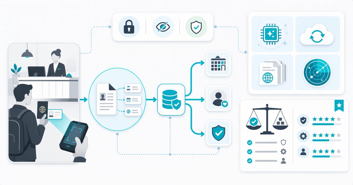 Infographic showing hotel ID scanning at check-in, data extraction, secure routing to PMS, CRM, and fraud controls, plus privacy and feature highlights.