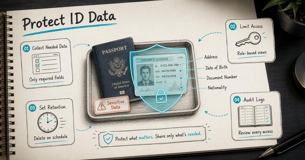 Annotated privacy diagram showing limited collection, access controls, retention, and audit logs for scanned ID data.