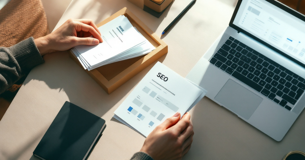 Hands organize webpage mockups to illustrate AI content indexing and discovery verification