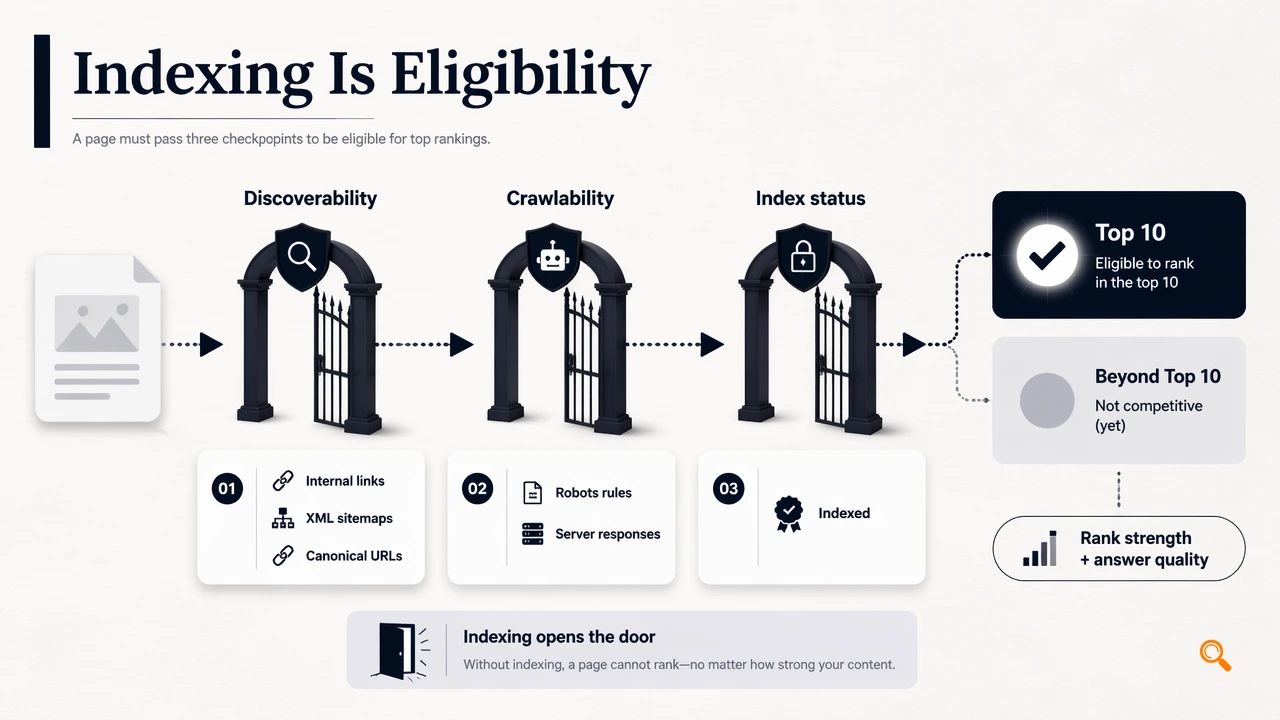 SEO infographic showing indexing as eligibility, with crawlability, rank strength, and answer quality.