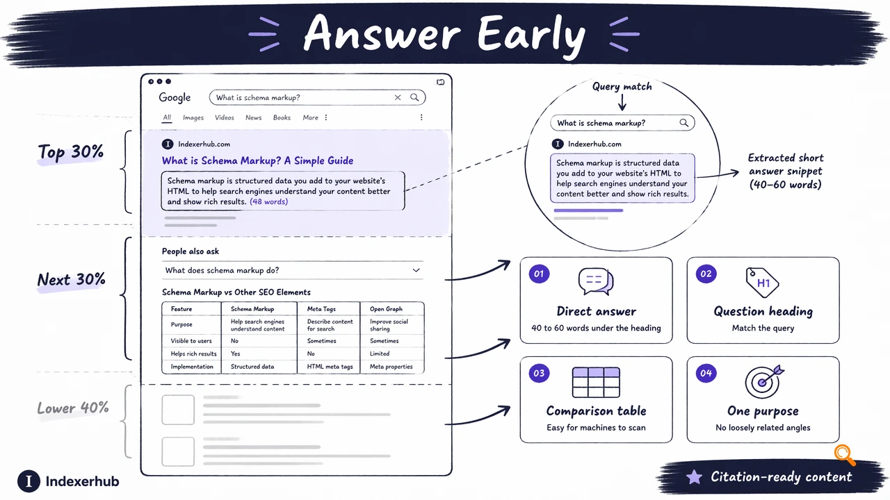 Annotated article layout showing answer-first structure, top-of-page citations, and concise definitions.