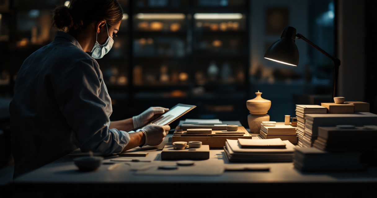 Curator evaluating mixed content objects under dramatic light in a conservation workspace