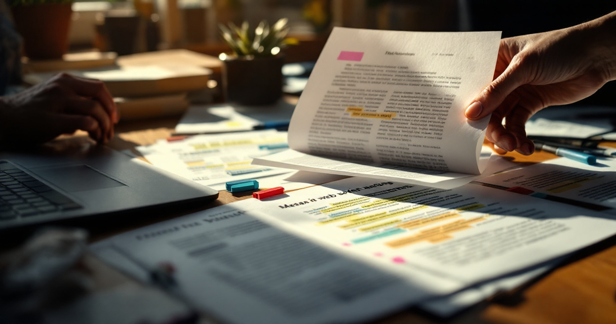 Research desk with highlighted article pages and laptop suggesting AI selecting cited passages