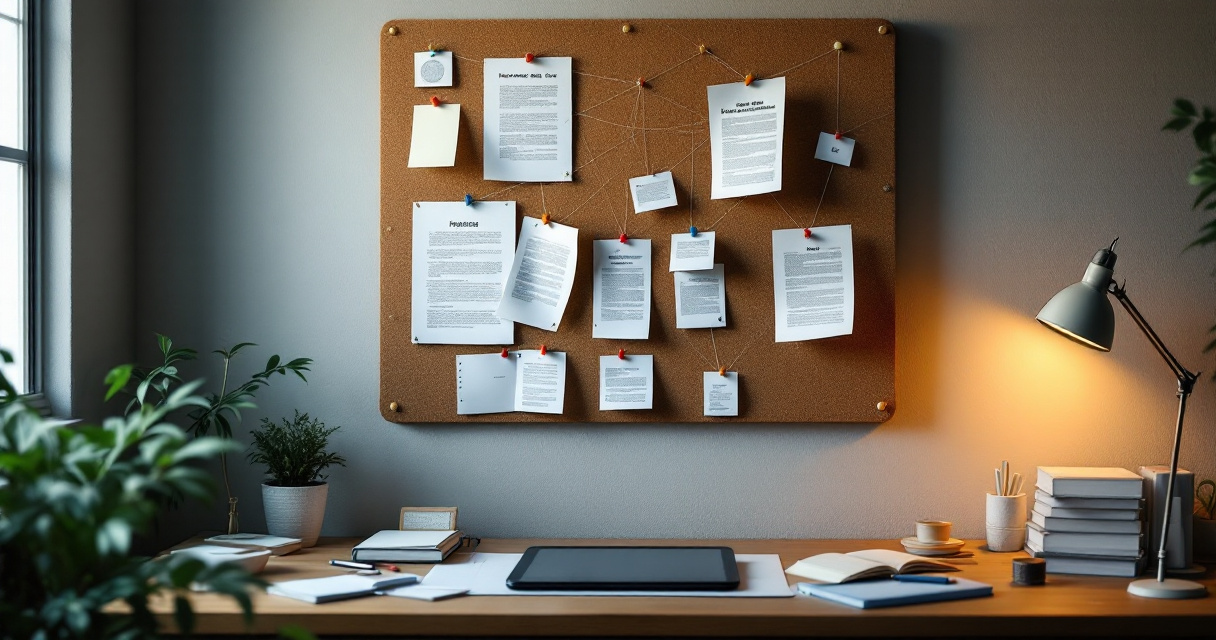 Hands connecting article pages on corkboard network representing AI search indexing process