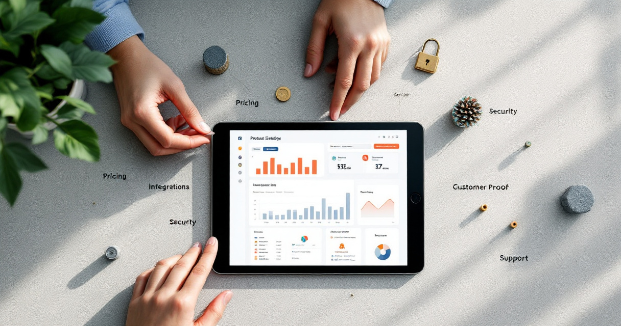 SaaS entity signals mapped with product, proof, and trust elements on a strategy desk