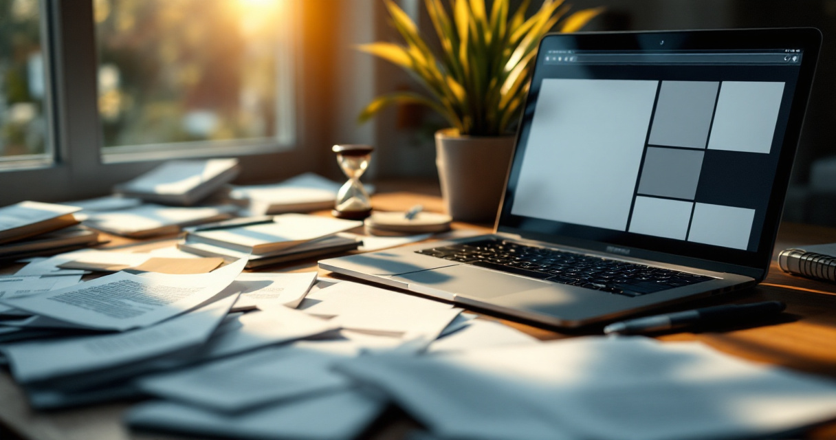 Desk with dusty webpage printouts and laptop suggesting outdated content slowing search performance