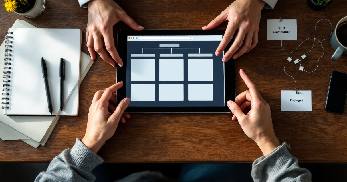Hands arranging connected content cards and tablet grid representing automated reindexing workflow