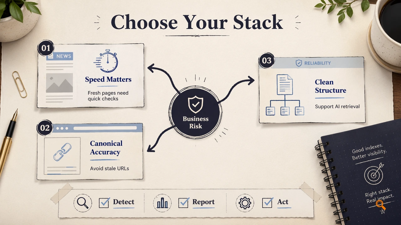 Annotated decision map for choosing an index monitoring stack by risk and page type.