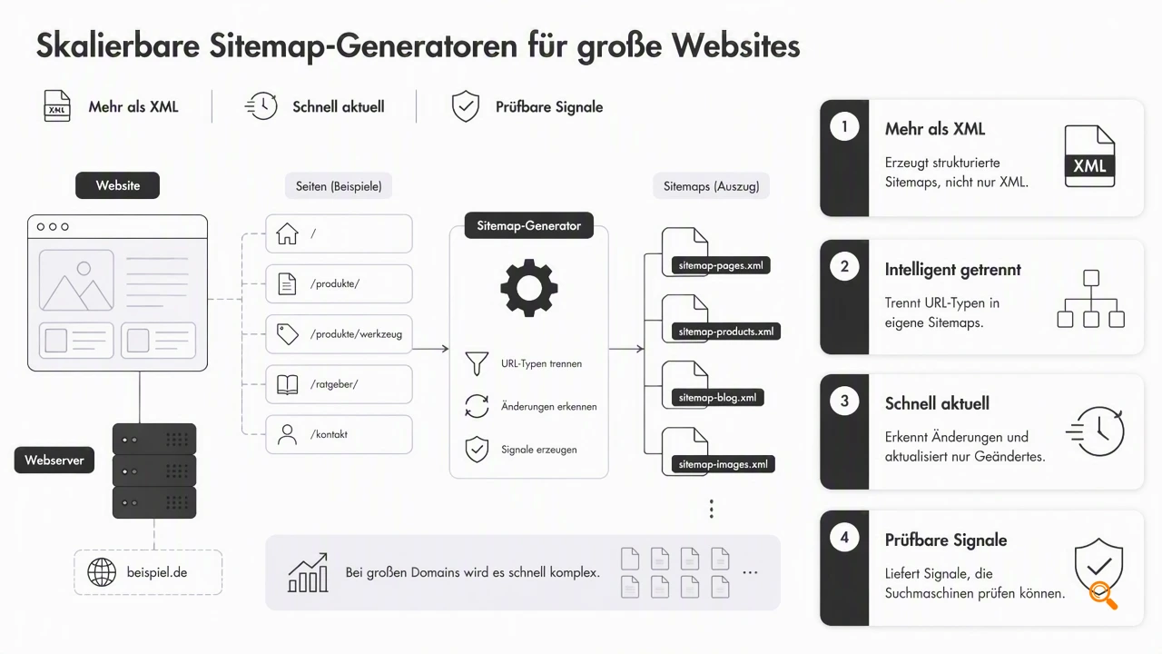 Illustration for Welche Sitemap-Generatoren skalieren 2026 wirklich?
