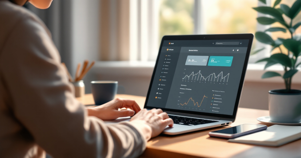 Over‑the‑shoulder view of website owner checking indexing dashboard on laptop workspace