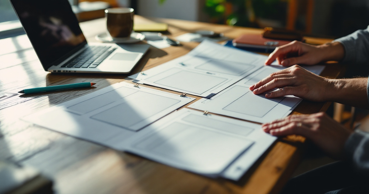 Hands organizing page layout sheets and workflow planning on desk before submitting URLs to search engines