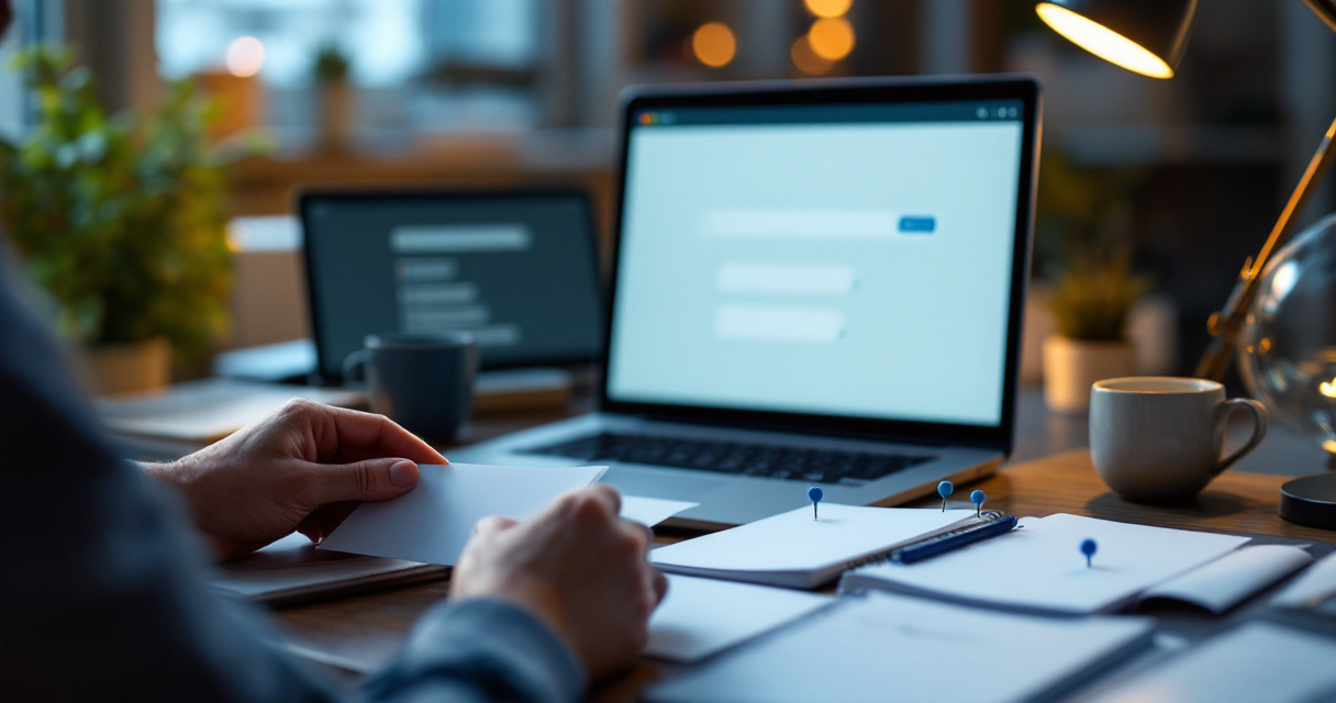 Blank page cards connected to search index and AI citation screens on an SEO desk