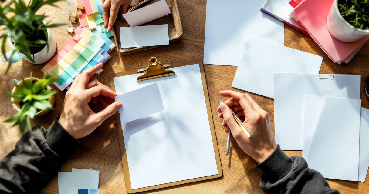 Hands organizing blank SEO checklist cards for pages prepared for AI citations