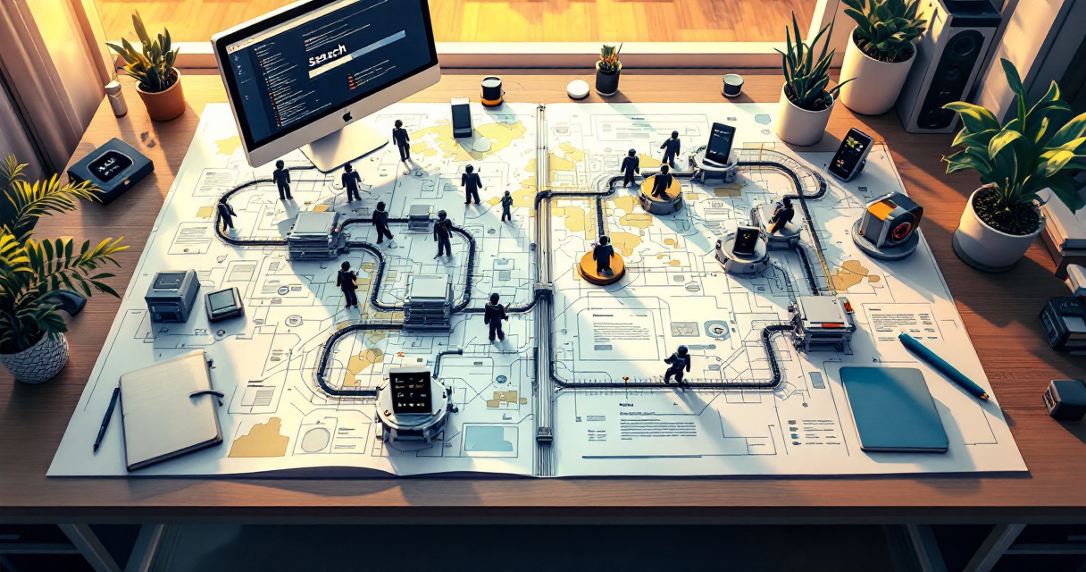 Conceptual illustration comparing two search indexing paths leading to AI assistants and a desktop search screen