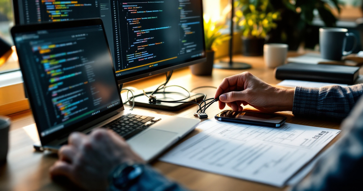 Developer hands setting up IndexNow workflow with careful validation and error prevention