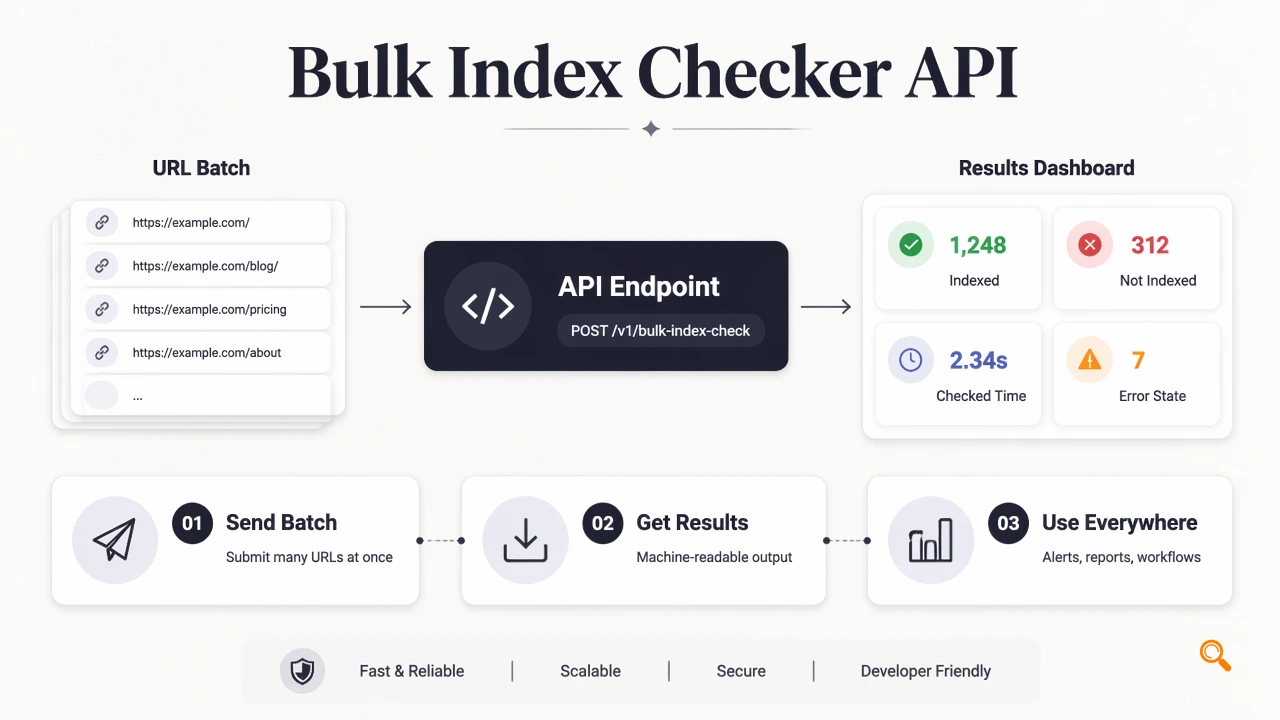 Diagram of a bulk index checker API sending URL batches and returning structured index results.