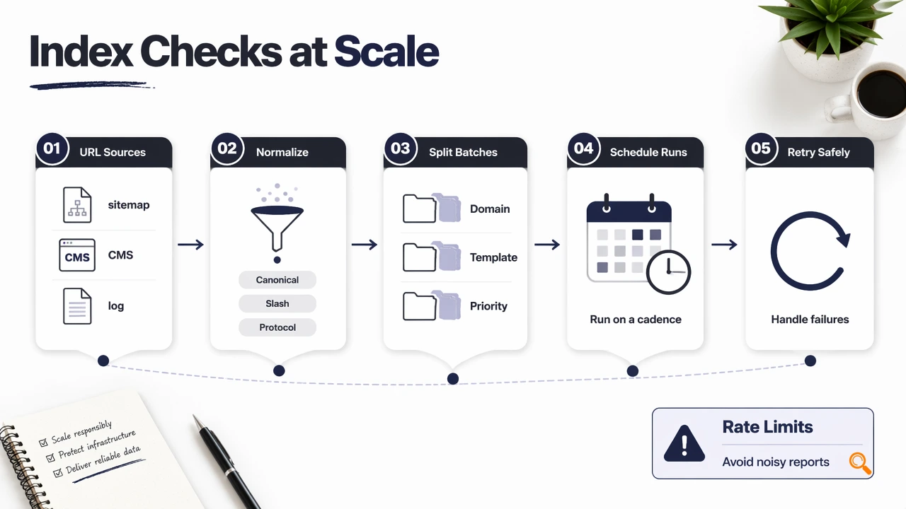 Annotated pipeline showing URL sources, normalization, batching, scheduling, and retry logic for index checks.