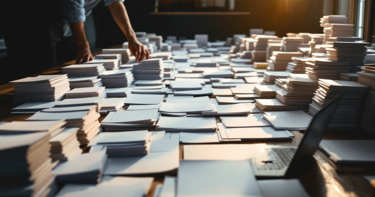 Hands organizing massive stacks of blank pages beside dark laptop, symbolizing large website indexing scale