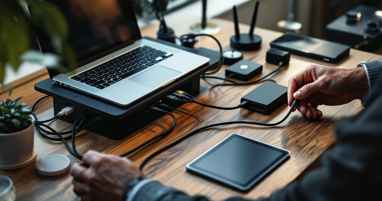 Over‑the‑shoulder view of connected devices and router representing infrastructure for automated indexing requests