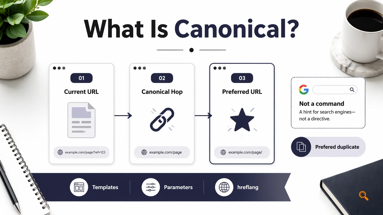 Infographic showing a canonical chain and why it weakens preferred URL selection.