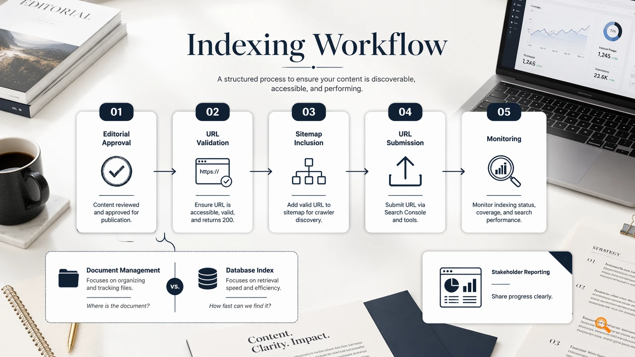Editorial infographic showing an indexing workflow from approval to monitoring and reporting.