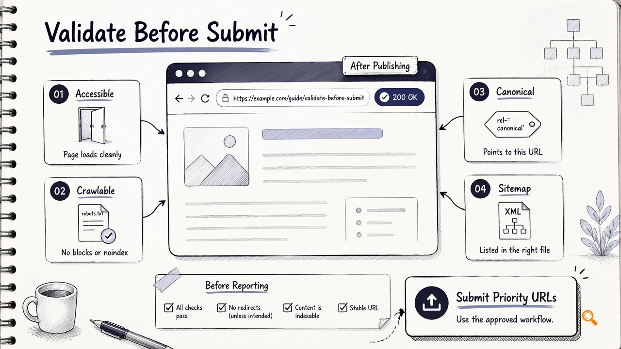 Annotated browser diagram explaining URL checks before submitting priority pages.