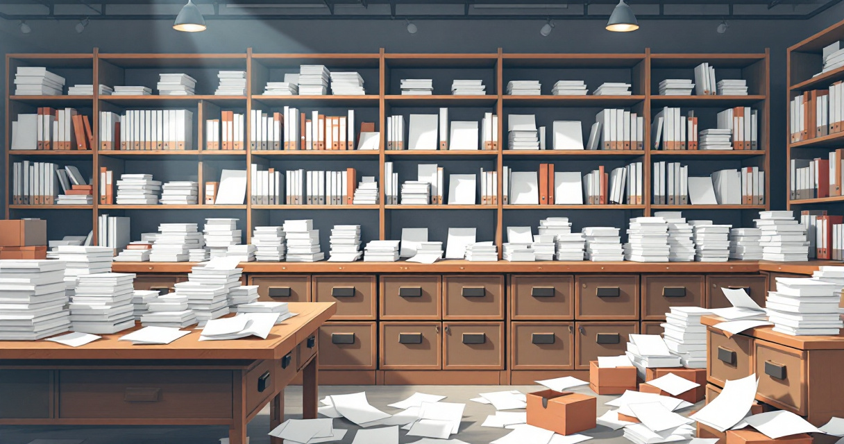 Library archivist selecting certain pages for filing while others remain unorganized, symbolizing search indexing decisions