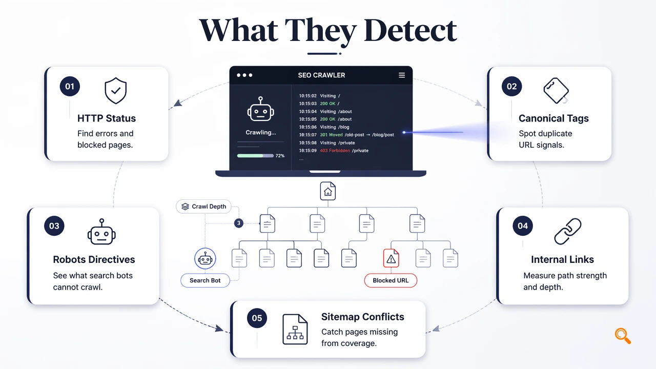 Annotated crawler diagram showing indexation blockers, status codes, links, and sitemap conflicts