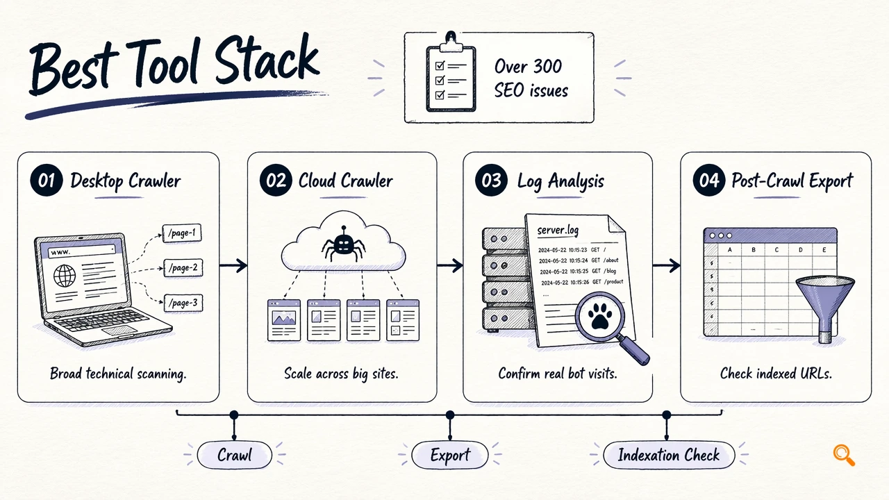 Workflow diagram of desktop crawler, cloud crawler, log analysis, and exportable indexation checks