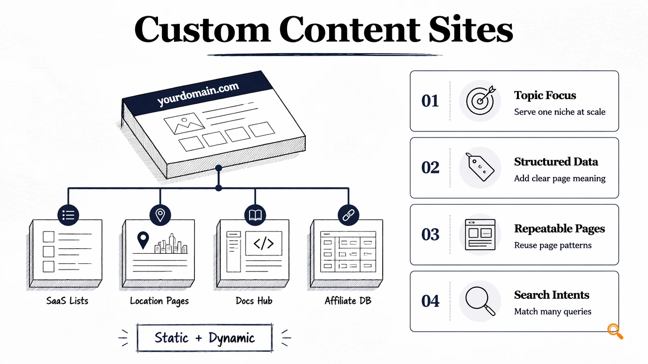 Infographic explaining what custom content websites are, with site types and repeatable page templates.