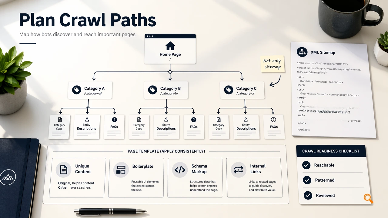 Annotated diagram of crawl paths, HTML links, XML sitemaps, and reusable page templates.