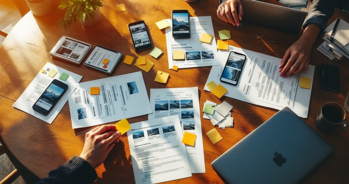 Top-down diagnostic workspace with duplicate page variations across multiple devices