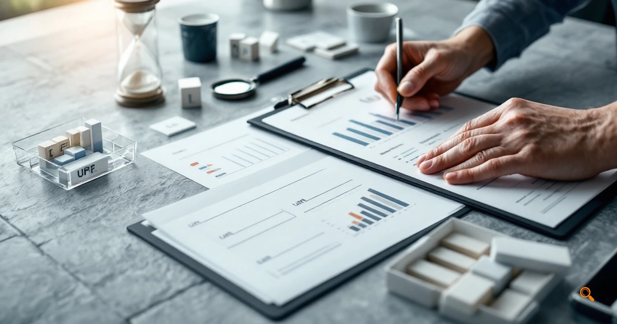 Hands evaluating indexing platform performance with cards, charts, and workflow trays