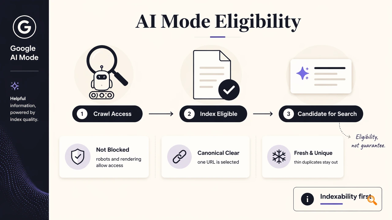 Diagram showing crawl access, index eligibility, and search candidate status for AI Mode citations.